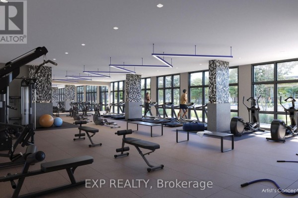 Well-equipped gym with treadmills, ellipticals, weight machines, and free weights. - 2704 - 2545 Simcoe Street N, Oshawa