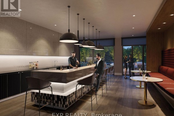 Stylish bar area with a long counter, stools, and seating booths. - 2704 - 2545 Simcoe Street N, Oshawa
