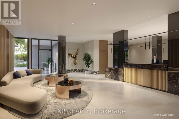 Elegant lobby with a curved sofa, modern coffee tables, and a reception desk. - 2704 - 2545 Simcoe Street N, Oshawa