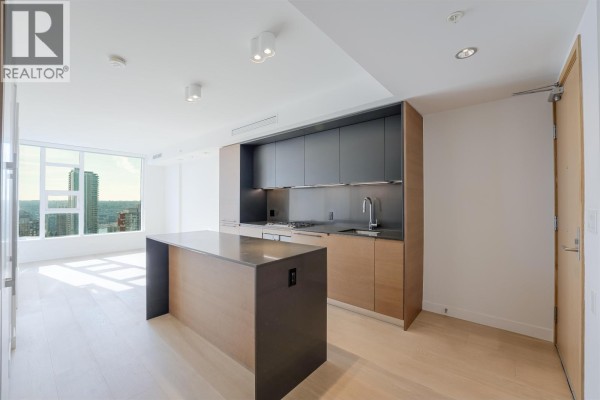 Close-up of modern kitchen island and grey cabinetry with stainless steel appliances. - 2710 1289 Hornby Street, Vancouver