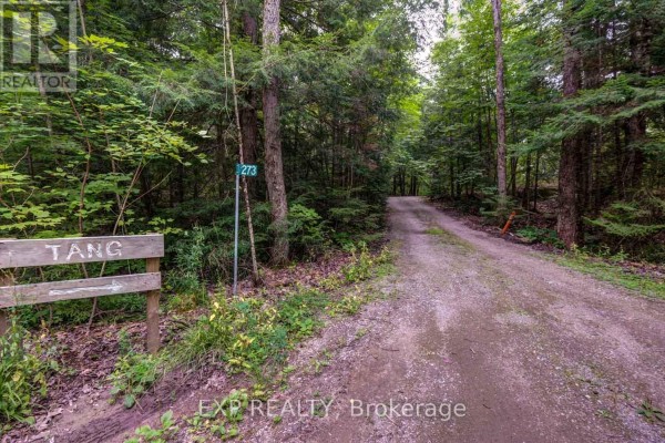 A wooden sign reading 'TANG' and a marker for '273' are visible along a gravel driveway. - 273 Fire Route 330 Route, Trent Lakes