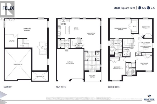 Floor plans for a three-level house showing basement, main floor with kitchen and great room, and second floor with bedrooms. - 273 Mary Rose Avenue, Saugeen Shores