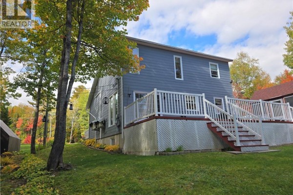 Rear view of the blue house and deck, with trees and fall foliage in the background. - 2737 Middle River Rd, Middle River