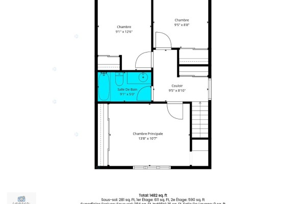 Second floor plan showing three bedrooms, a bathroom, and a hallway. - 275 Rue A.-primeau, Gatineau
