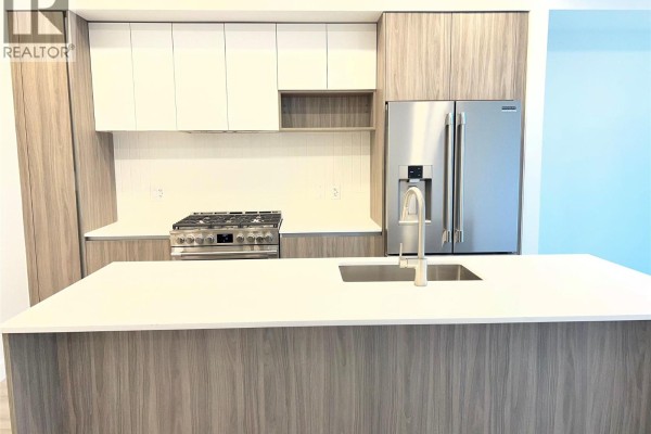 Close-up of a kitchen island with a sink, faucet, and contemporary cabinetry. - 2760 Olalla Road Unit# 407, West Kelowna