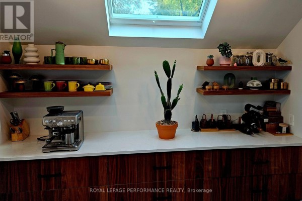 Kitchen counter with a coffee machine, a potted cactus, and wooden shelves displaying various kitchenware. - 28 Burnbank Street, Ottawa