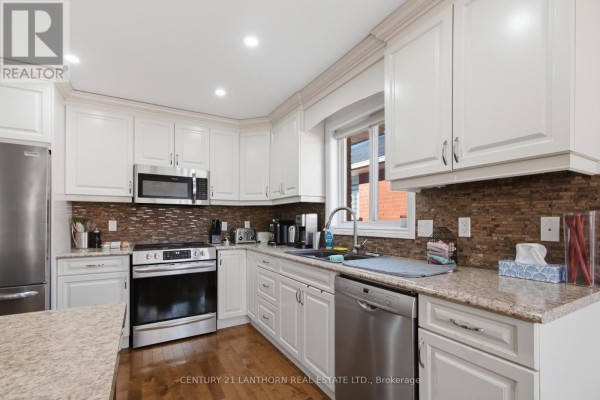 Kitchen with stainless steel appliances, granite countertops, and tile backsplash - 28 Hickory Grove Belleville