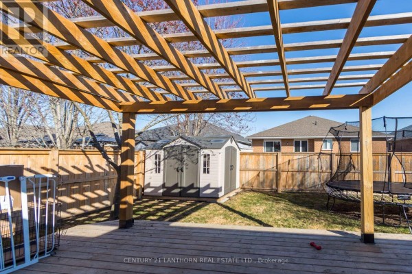Backyard with deck, pergola, shed, and trampoline - 28 Hickory Grove Belleville