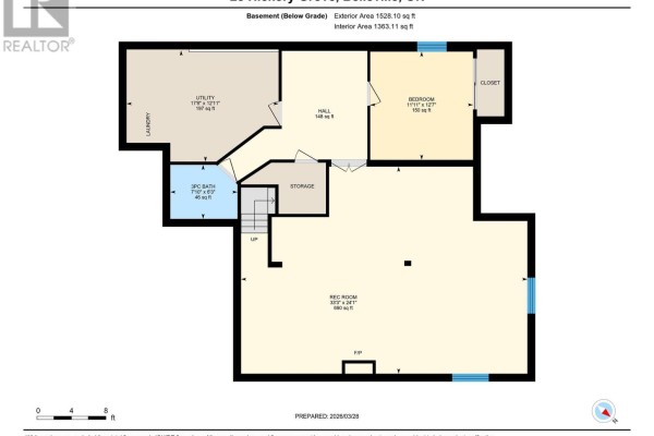 Finished basement floor plan with rec room, bedroom, 3pc bath, laundry, utility, storage, fireplace - 28 Hickory Grove Belleville