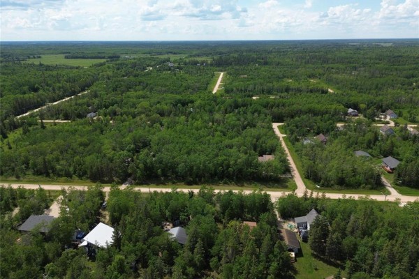 Aerial view shows a landscape of scattered houses and dense trees along roads, with a distant horizon under a cloudy sky. - 28 Twin Pine Road, Gimli Rm