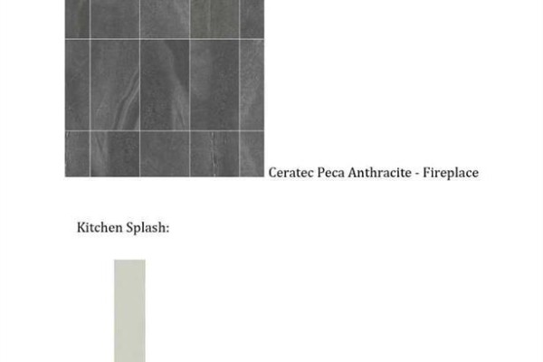 Collage of interior design elements including dark gray large format tile for a fireplace and a light-colored backsplash. - 280 Belmont Place Sw, Calgary