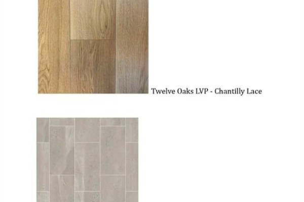 Collage of flooring samples: light oak wood-look LVP and light gray rectangular tiles. - 280 Belmont Place Sw, Calgary