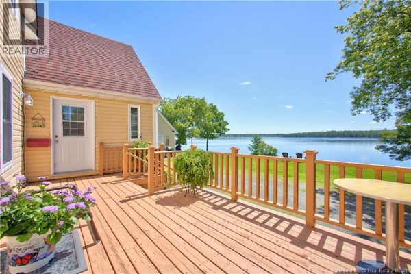 Aerial view of houses along a riverbank with a dock and boats on the water. - 280 King George Hwy, Miramichi