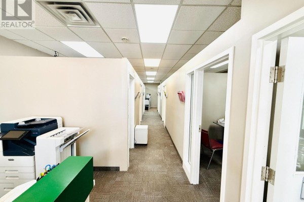 Interior reception area with green counter and glass partition - 281 Queenston Road, Hamilton