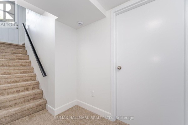 Carpeted stairs leading down with a white door to the right. - 283 Porter - Lower Level Street, Oshawa