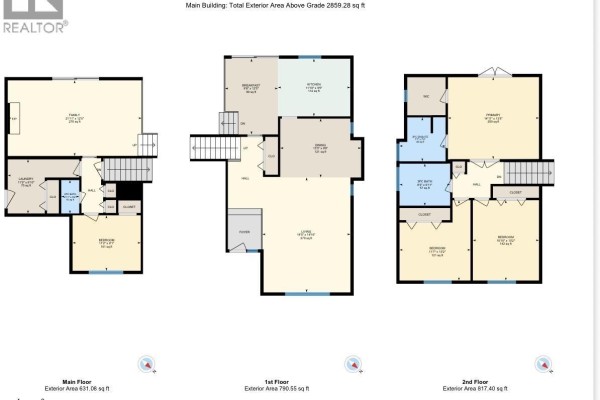 Floor plan showing three levels: main floor, first floor, and second floor layout. - 2869 Ridgeview Drive, Prince George