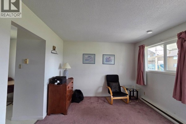 Living area with pink carpet, brown dresser, armchair, and a window with pink curtains. - 29 50 Hagan Street, Granisle