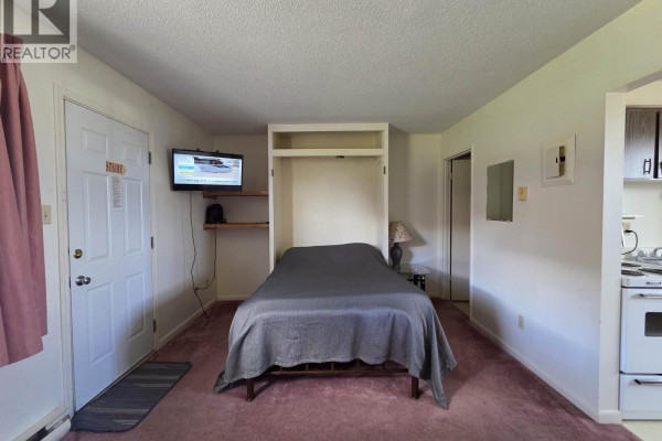 Bedroom with murphy bed, television on wall, white door, and pink carpet. - 29 50 Hagan Street, Granisle