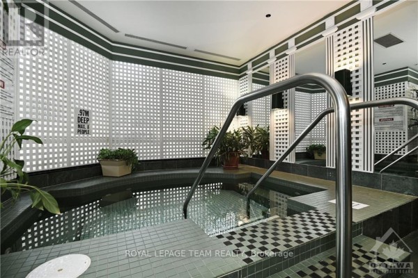 An indoor jacuzzi with steps and a metal handrail, surrounded by green and white lattice walls. - 2903 - 1480 Riverside Drive, Ottawa