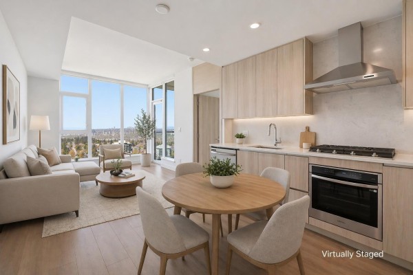 Open concept living and dining area with a kitchen featuring light wood cabinets and stainless steel appliances. - 2908 10750 135a Street, Surrey