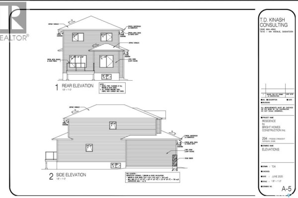 Architectural drawing showing rear and side elevations of a two-story house with decks. - 294 Froese Crescent, Warman