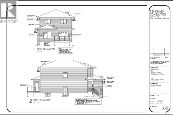 Architectural drawing showing rear and side elevations of a two-story house with a deck. - 296 Froese Crescent, Warman