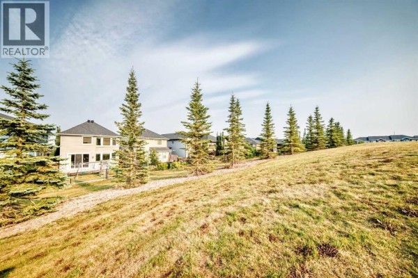 A grassy, sloping backyard with mature evergreen trees and neighboring houses visible in the distance under a partly cloudy sky. - 296 Nolancrest Heights Nw, Calgary