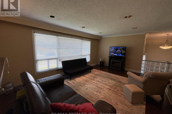Living room with furniture, large window with blinds, and view of a television. - 2979 Weston Road, Toronto