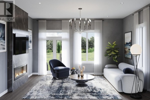 Living room with a modern fireplace, dark blue armchair, white sofa, and large windows overlooking a backyard. - 2b - 1301 Cerceau Private, Ottawa