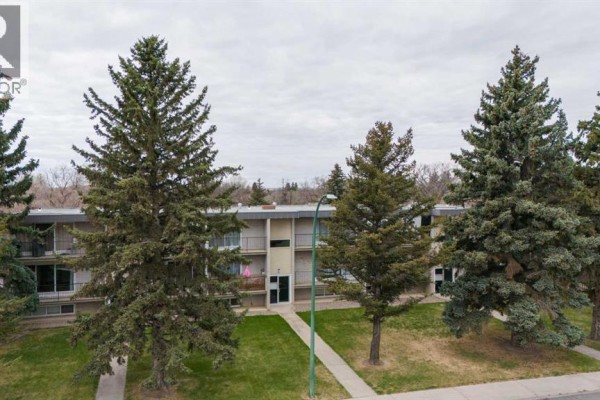 Side aerial view of the apartment building showing multiple balconies and surrounding mature evergreen trees. - 3, 218 Mayor Magrath Drive N, Lethbridge