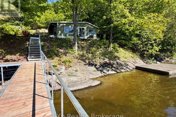 A small, olive-green cottage sits on a grassy slope next to a calm lake. - 3 - 1082 Cowan Park Road, Muskoka Lakes