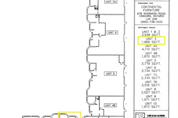 Floor plan diagram showing unit layouts and rentable square footage within the commercial building. - 3 - 24707 Woodbine Avenue, Georgina