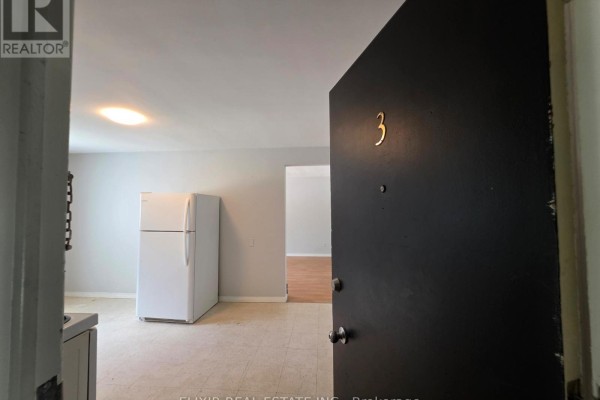 View from inside an apartment entrance showing a white refrigerator and doorway. - 3 - 362 Grey Street, Brantford