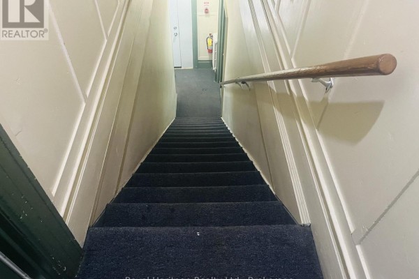 Dark carpeted stairs with wooden handrail descending into a hallway. - 3 - 80 Bridge Street W, Belleville