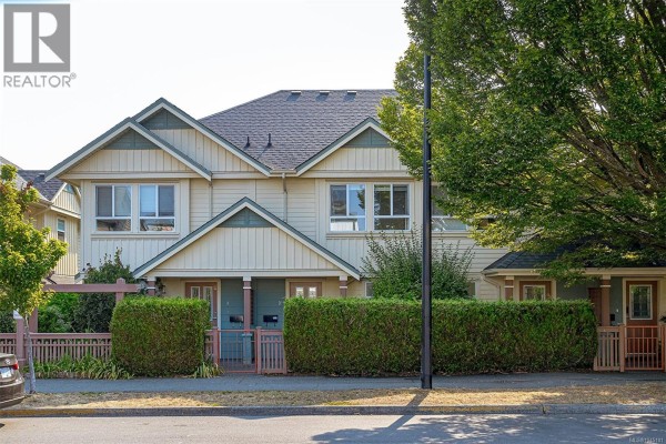 Front view of the townhouse complex showcasing a manicured hedge and a large tree. - 3 1019 North Park St, Victoria