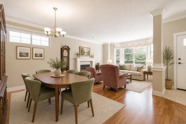 Living and dining room with hardwood floors, a fireplace, and floral sofa. - 3 15425 Rosemary Heights Crescent, Surrey