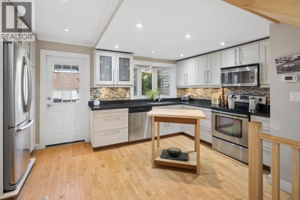 Kitchen with light gray cabinets, stainless steel appliances, and a small wooden island. - 3 230 W 15th Street, North Vancouver