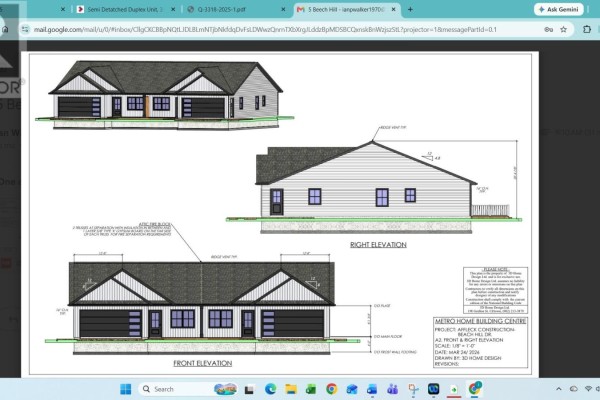 Architectural drawings of a duplex: front, right, and left elevations with measurements. - 3 Beech Hill Avenue, Charlottetown