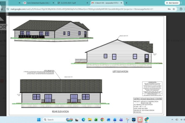 Architectural drawings of a duplex: rear, left, and right elevations with windows and doors. - 3 Beech Hill Avenue, Charlottetown