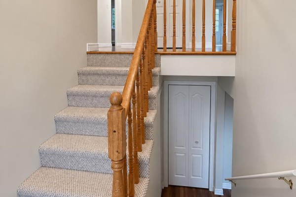 Carpeted staircase with a wooden banister leading to a closed closet door. - 3 Burdell Place, St  John S
