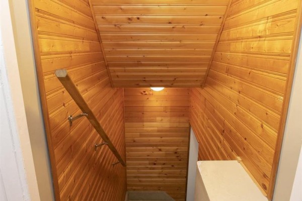 Wood paneled staircase with carpeted steps and handrail - 3 Henrietta Ave Sault Ste Marie