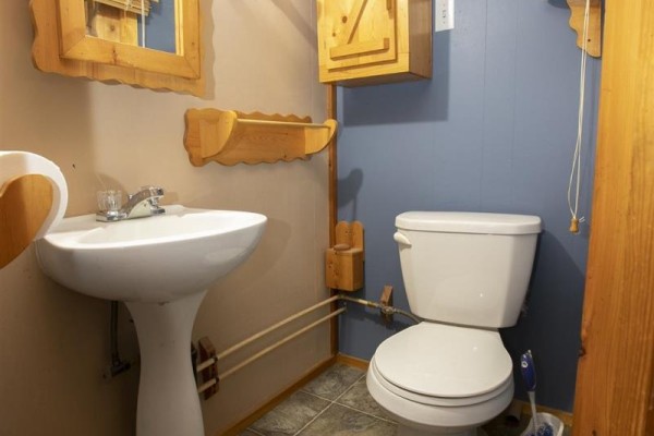 Pedestal sink and toilet with a wooden medicine cabinet - 3 Henrietta Ave Sault Ste Marie