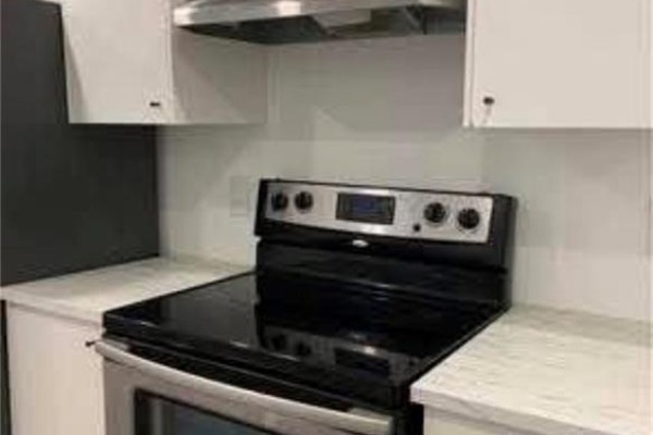 Close-up of a black electric stove with stainless steel front and range hood. - 3 Innswood Place Unit# Lower, Hamilton