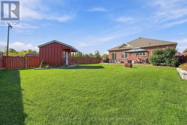 Rear backyard with a red shed, green lawn, and patio area with a gazebo. - 3 Pollock Avenue, Brock