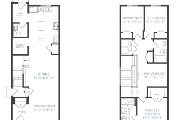 Floor plans for a two-story house with main living areas and upper-level bedrooms and bonus room. - 30 Creekview Gardens Sw, Calgary