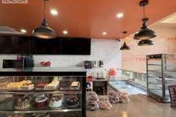 Commercial kitchen counter with display cases, pendant lighting, and wooden cabinets on the side wall. - 30 Savanna Crescent Ne, Calgary