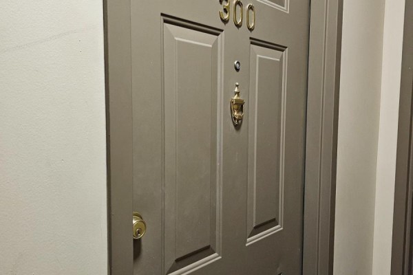 Close-up of a taupe apartment door with gold numbers '300' and a brass door knocker. - 300 - 524 Yonge Street, Toronto