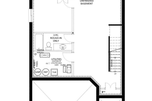 Unfinished basement layout with utility area and rough-in for bathroom. - 3002 Buroak Drive, London North