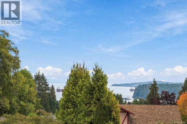 View of the water from the property, with ships anchored in the distance and green trees in the foreground. - 3005 Persimmon Pl, Nanaimo
