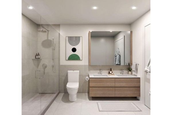 Modern bathroom with a double vanity, walk-in shower with glass door, and a toilet. - 3006 13252 104 Avenue, Surrey